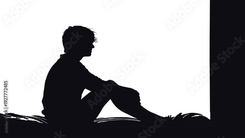 Silhouette of sad teenage boy sitting alone on bed, emotional loneliness and depression concept, mental health awareness, isolation indoors against window light background