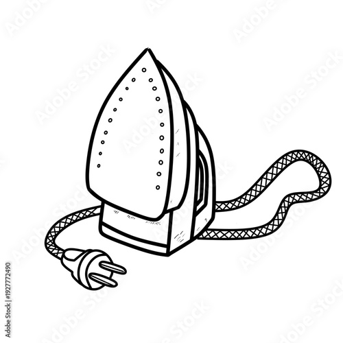 Electric iron illustration with cord and plug, household appliance line art isolated on white background, simple domestic equipment icon design