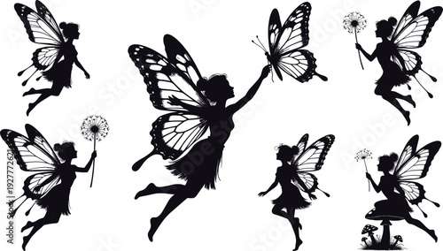 Set of fairy silhouettes with butterfly wings and dandelion, magical fantasy characters isolated on white background, whimsical illustration for children design and storytelling