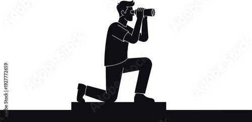 Silhouette of photographer kneeling with professional camera, creative photography concept isolated on white background, minimalist black design for media and visual storytelling