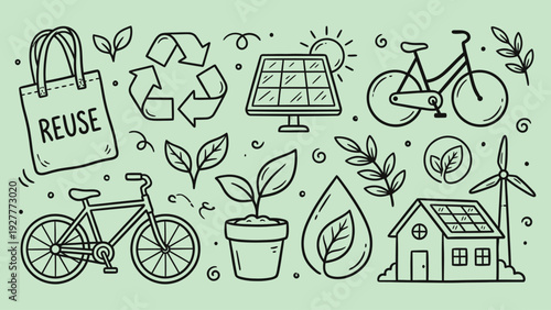 Ecology and environment doodle icon collection. Includes reusable bag, recycle symbol, solar panel, bicycle, plant, water drop, house, and wind turbine symbols. Created in hand-drawn outline
