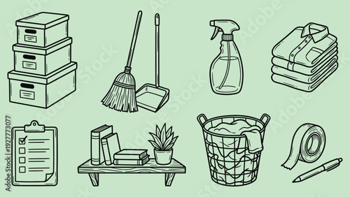 Household chores and cleaning outline icon collection. Includes stacked boxes, broom, dustpan, spray bottle, folded shirts, clipboard, bookshelf, laundry basket