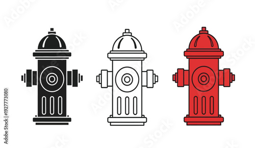 Set of black, white, and red fire hydrant icons in different colors