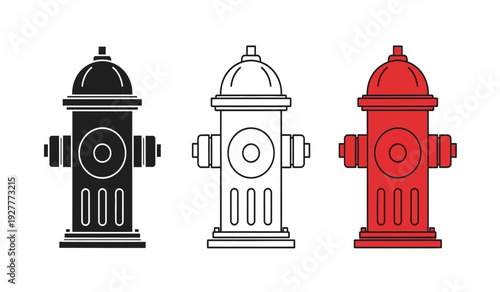 Colorful illustrations of fire hydrants in black, white, and red on a pure