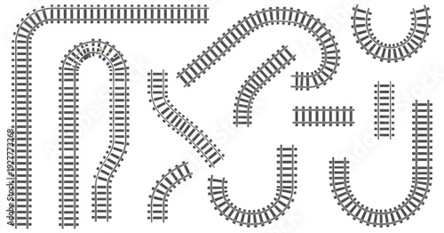 Collection of railway track silhouettes including straight curved and junction railroad elements isolated on white background for transportation and train design