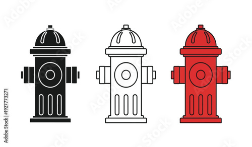 Vector illustration of three fire hydrants in black, white, and red