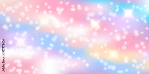 Rainbow gradient sky background. Unicorn space wallpaper with glitter and stars, bokeh. Holographic pastel magic texture with bokeh. Vector