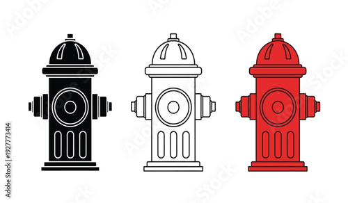 Vector illustration of black, white, and red fire hydrants in a row on a pure
