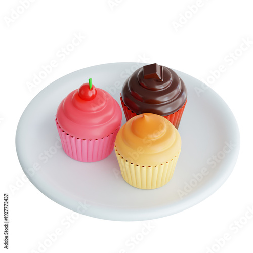 Delicious 3D Rendered Cupcakes on Plate with Black Background