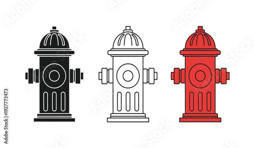 Colorful illustrations of fire hydrants in black, white and red