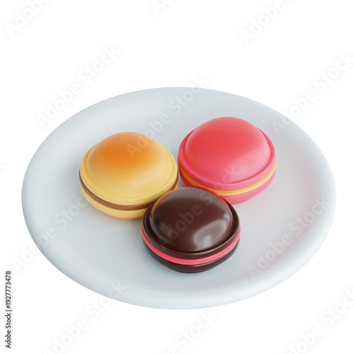 Stylized 3D Macarons on White Plate - Dessert Illustration