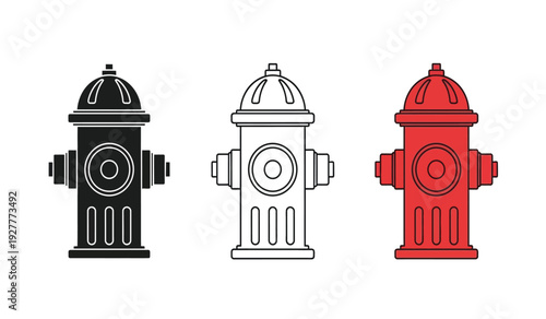 Three fire hydrants in black, white, and red colors
