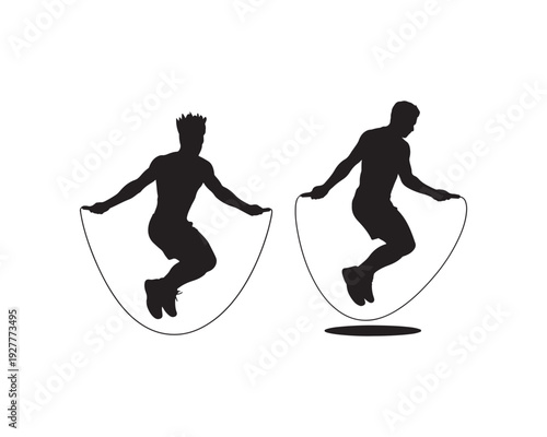 Two black silhouettes of men jumping with a jump rope on a white background skipping