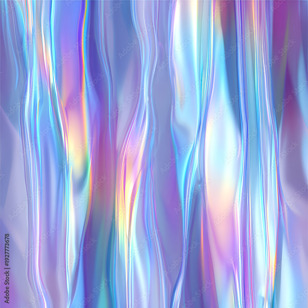 Fototapeta premium Abstract iridescent background showcasing fluid chrome waves with a holographic textile effect, reflecting light and creating a vibrant, smooth texture