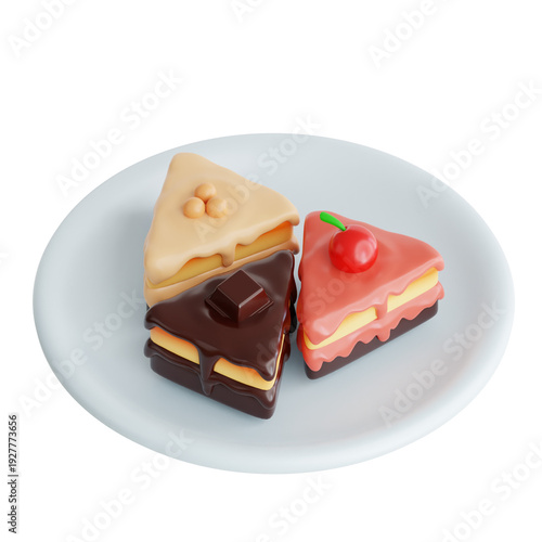 Delicious Stylized Cake Slices on Plate 3D Render Illustration