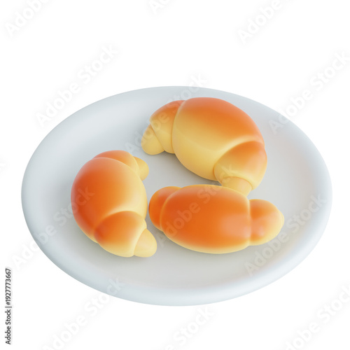 Three 3D Rendered Croissants on a White Plate for Breakfast Icon