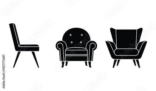 Three black silhouettes of different stylish chairs