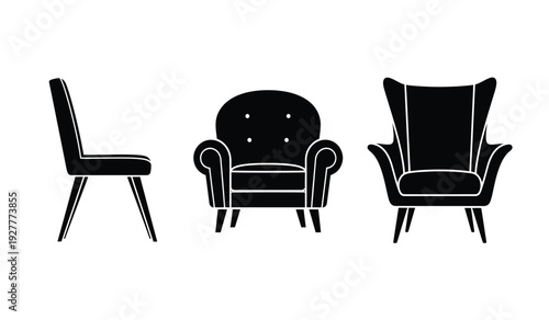 Three black and white illustrations of different armchairs and sofa
