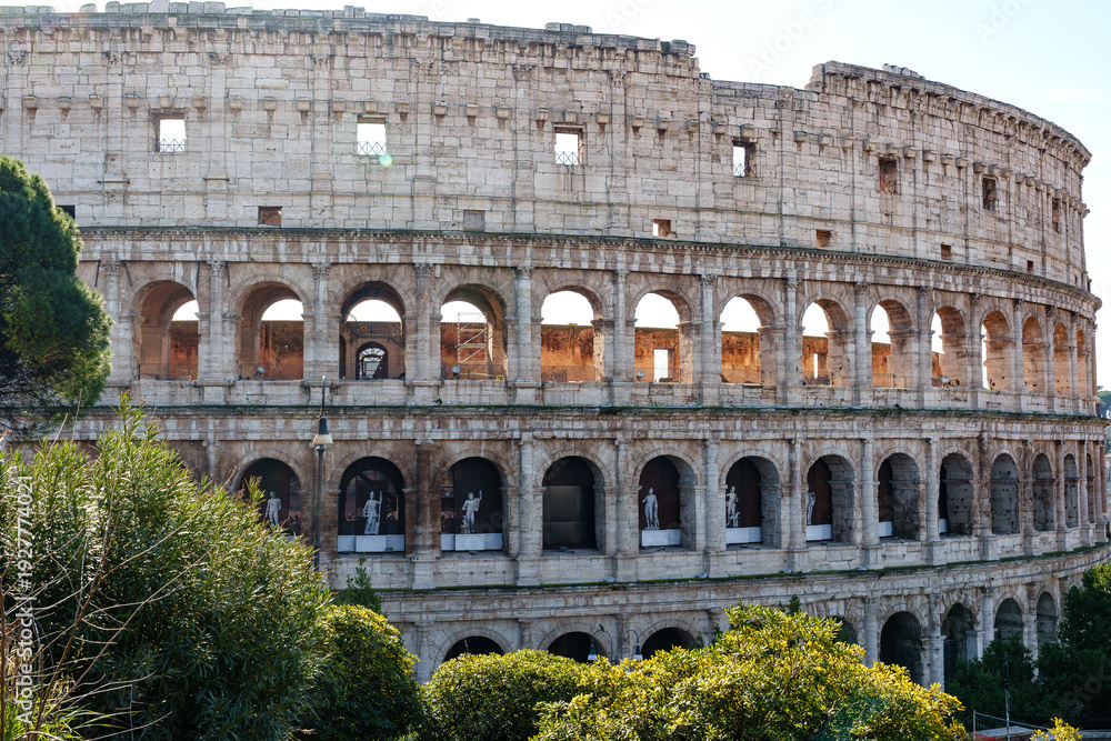 Obraz premium Colosseum in Rome with green plants during daytime visit filled with tourists