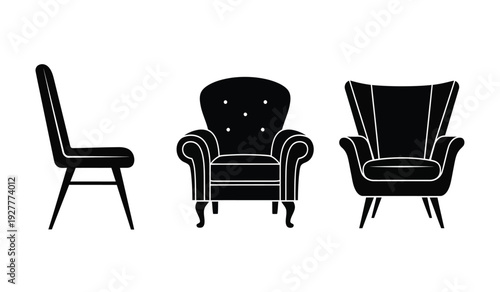 Three black armchairs with different designs