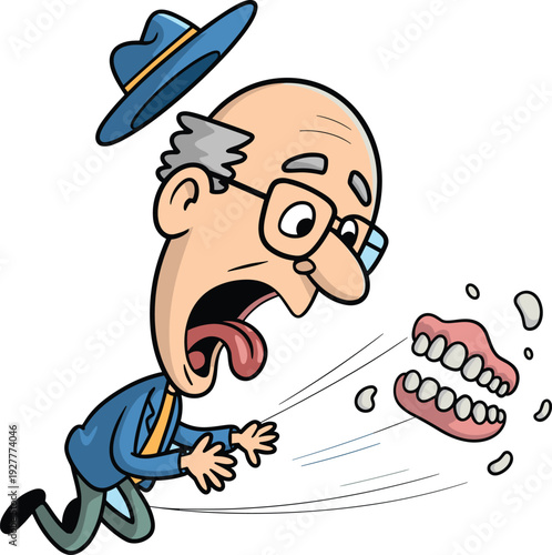 Cartoon elderly man shocked as flying dentures pop out, funny dental accident illustration isolated on white backgroundCartoon elderly man shocked as flying dentures pop out