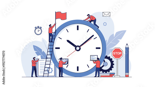 Group of people managing and working around a giant clock representing time management, deadlines, and productive business work.