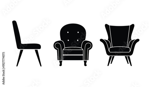 Three black silhouettes of different chairs