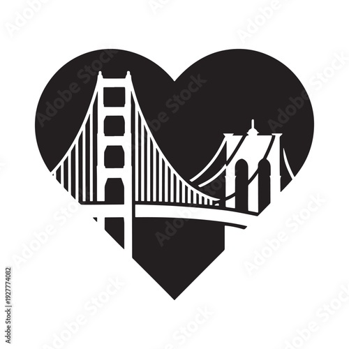 A black and white heart shaped silhouette features the golden gate bridge and san francisco skyline