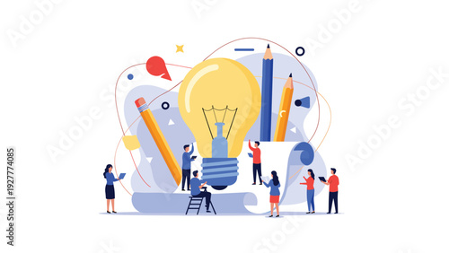 Creative workspace illustration featuring tiny people working around a giant lightbulb, pencils, and rolls of paper for new ideas.
