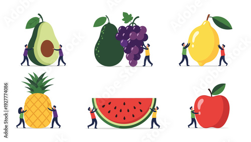 Tiny people interacting with giant fruit including avocado, grapes, lemon, pineapple, watermelon, and a red apple on a white background.