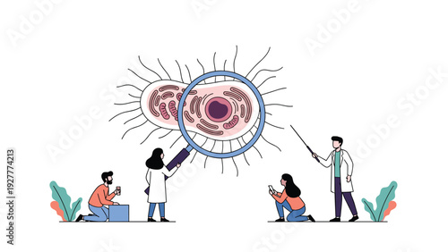 Group of scientists in lab coats examining a giant biological cell through a large magnifying glass in a laboratory setting.