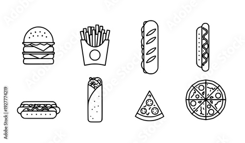 Fast junk food outline icon collection thin stroke restaurant menu vector isolated on white