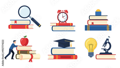 Collection of six education and learning icons featuring books, magnifying glass, alarm clock, apple, graduation cap, and microscope.