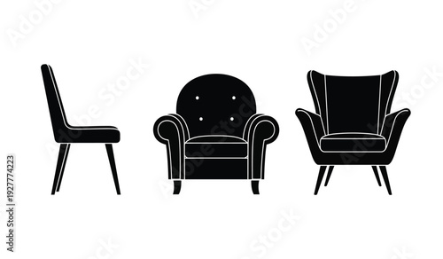 Three black silhouette armchairs with different designs