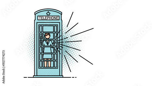 Minimalist outline illustration of a woman inside a traditional blue phone booth with rays of light emanating from the door.