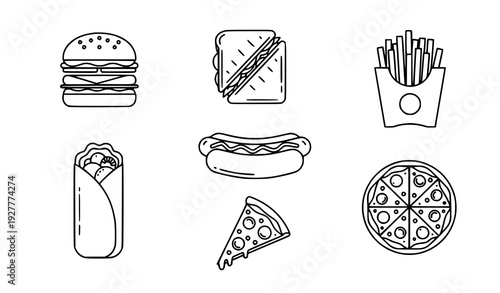 Junk food flat line icon set burger pizza burrito fries thin vector signs isolated on white background