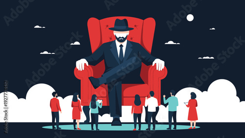 Powerful man in a suit and hat sitting in a massive red armchair while tiny people observe him from below in a dark setting.