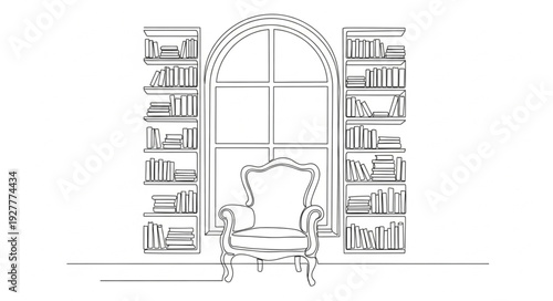 Arched Window with Armchair and Bookshelves.