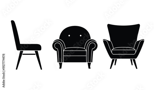Three black silhouettes of different stylish chairs