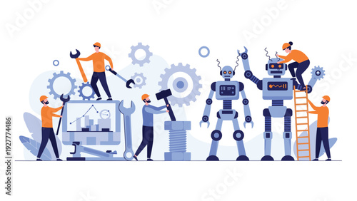 Collaboration illustration showing people working together to assemble and repair large humanoid robots with tools and gears.