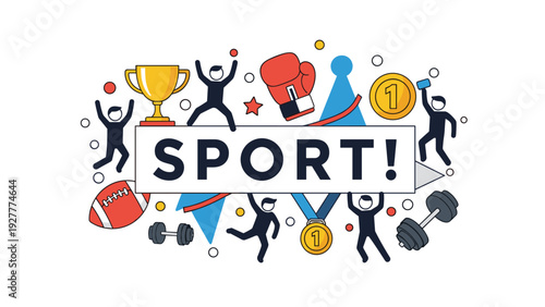 Sports themed illustration with the word sport surrounded by equipment like boxing gloves, medals, dumbbells, and trophies.