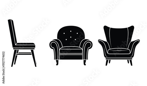 Black and white illustration of three different armchairs and a sofa on a plain