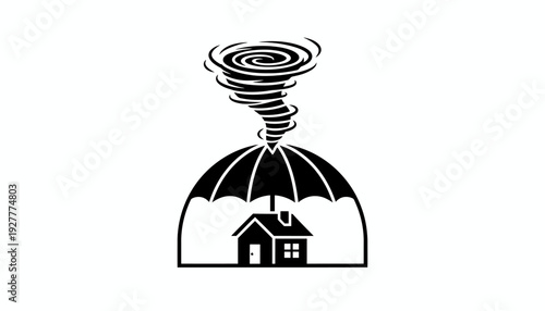 Abstract illustration of a house protected by an umbrella from a tornado, symbolizing home insurance and disaster protection