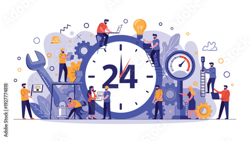 Team of professionals working together around a giant clock representing twenty-four-hour service and efficiency.
