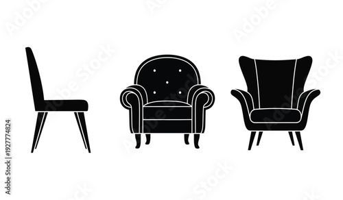 Black silhouette of a chair, sofa, and armchair in a modern minimalist style for interior design and furniture concepts