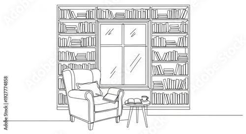 Armchair and Bookshelves in Room.