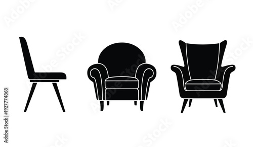Three black silhouettes of different chairs