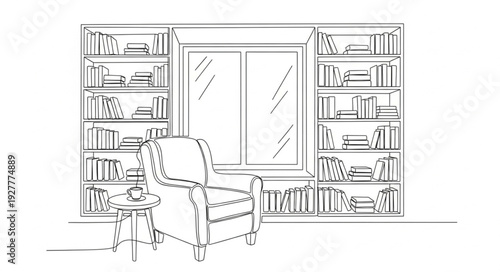Armchair and Bookshelves in Room.