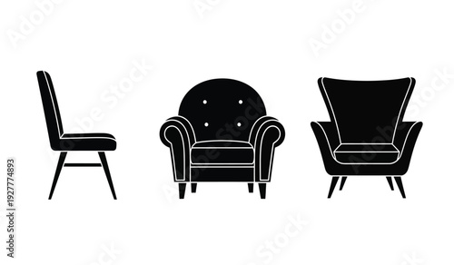 Three black and white illustrations of different stylish chairs