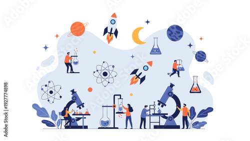 Scientists working in a laboratory with microscopes and test tubes surrounded by planets and space exploration icons.